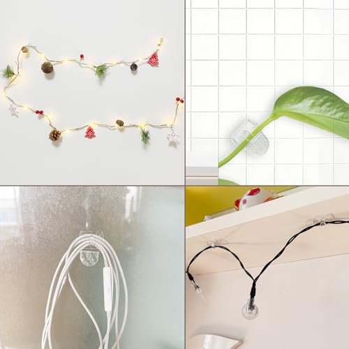 Karsbarwe 60 Clear Mini Light Clips with 66 Adhesive Strips, Small Removable Wall Hooks No Damage, Transparent Wire Hooks for Christmas String Lights, Indoor Holiday Decorations, Cables and Cords