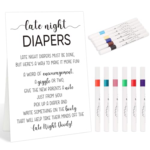 Late Night Diapers Signs for Baby Shower Games, Baby Shower Party Decor for Gender Reveal and Newborn Announcement Party, Modern Black and White Theme for Table Bracket with 12 Pcs Color Markers, 8