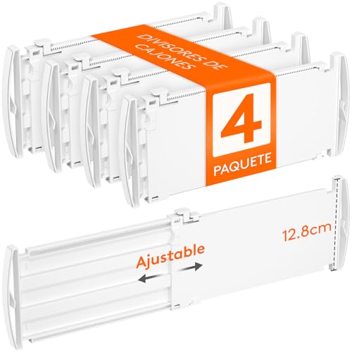 Lifewit 4 separadores de cajones, ajustables para longitud interior 29,5 – 47 cm y altura  13 cm, organizador de cajones, para armario, tocador, escritorio, cocina, color blanco