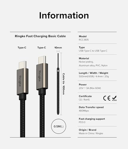 Image of Ringke Fast Charging Basic Cable [0.5M / 60W], USB C to USB C Nylon Braided Cord Rapid Charger Compatible with Samsung Galaxy, iPhone 15 Series, Pixel, iPad, etc. - Black