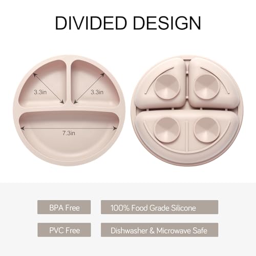 image for Eascrozn Toddler Plates, 3 Pack Divided Baby Plates with Suction, Food