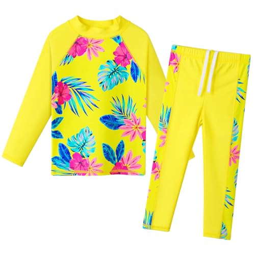 Image of Girls Two Piece Swimsuit Long Sleeve Floral Bathing Suit UPF 50+ Summer Beach Swimwear