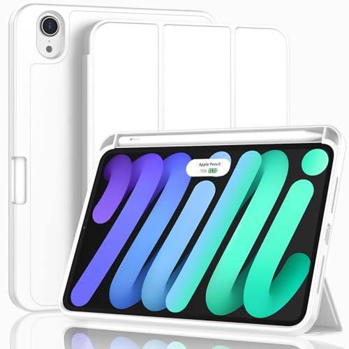 ZryXal for iPad Mini 7 Case A17 Pro 2024/iPad Mini 6 Case 2021 8.3 Inch with Pencil Holder, iPad Mini 7th/6th Generation Case with Soft TPU Back and Auto Sleep/Wake, White