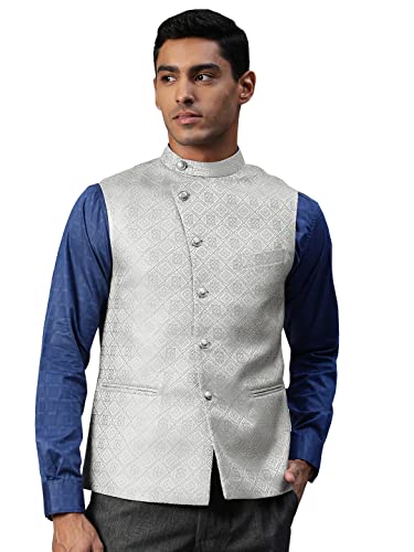 Image of MANQ Men Fawn Woven Jaquard Silk Nehru Jacket