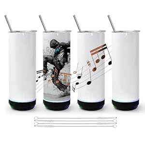 sweet grain Music Speaker Tumbler(4Pack) – 20 oz Sublimation Tumbler Skinny Straight with Speaker, Straw & USB Charging Cable, Music Tumbler Cup – Black