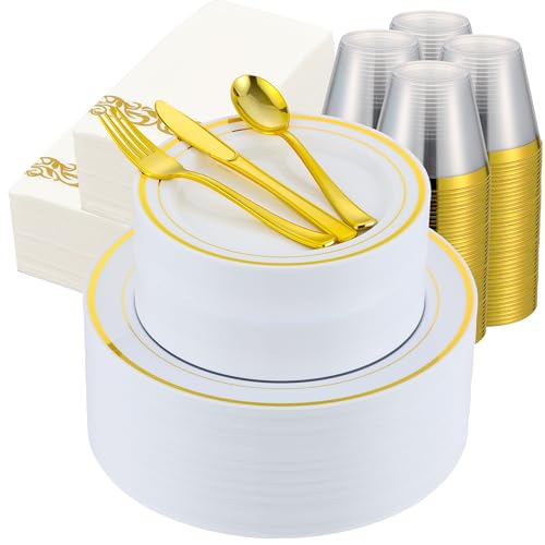 ISFANGCO 700 PCS Gold Plastic Dinnerware for 100 Guests Gold and White Disposable Plates include 100 Dinner Plates 100 Dessert Plates 100 Silverware Set 100 Cups 100 Napkins
