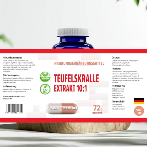 Teufelskralle (Devils Claw) 10:1 Extract 5000mg Äquivalent 120 Vegan Kapseln, Laborgeprüft, Hochdosiert, Nicht GVO, keine Füllstoffe oder Zusatzstoffe