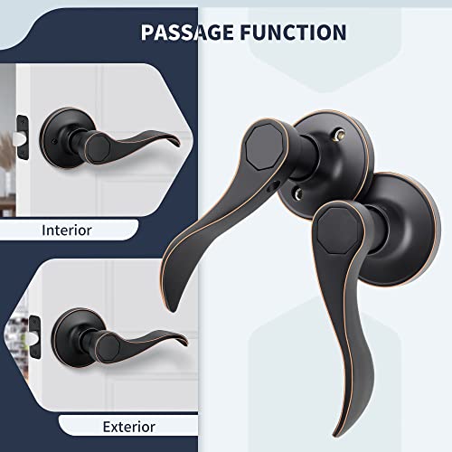 Loqron Wave Style Door Lever Passage Door Handle, Keyless Interior Lever Reversible For Left/Right Handed For Hallway And Closet With Oil Rubbed Bronze Finish, 1 Pack #TOP4