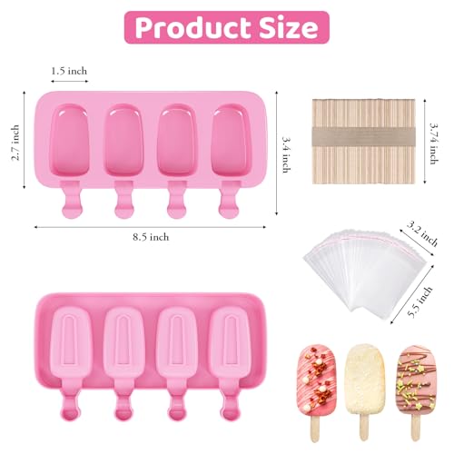 Ouddy Life Popsicle Molds Set of 2, Ice Pop Molds Silicone 4 Cavities Ice Cream Mold Oval Cake Pop Mold with 50 Wooden Sticks for DIY Popsicle (Pink)