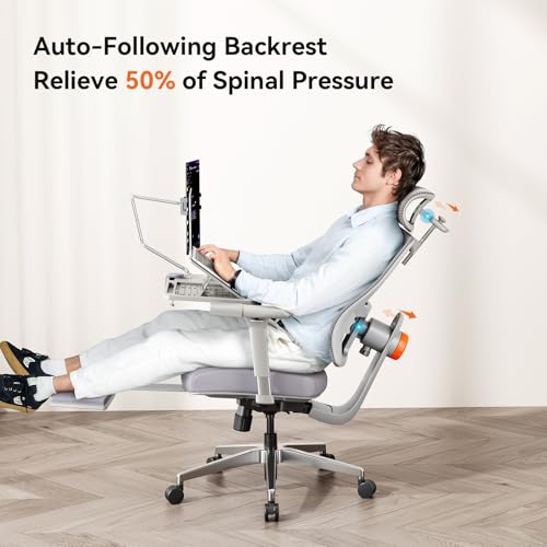 Image of Ergonomic Office Chair with Auto Adaptive Lumbar Support & Laptop Tray | Retractable Footrest,5D Headrest,4D Armrest,96-136 Lock Recline,BIFMA Aluminum Base,Grey Mesh for Home Gaming Work