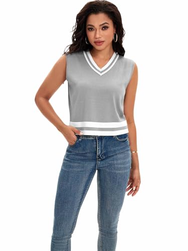Image of Womens Cropped Sweater Vest V Neck Sleeveless Loose Fit Tank Tops Striped Knit Lightweight Pullover Fall Sweaters