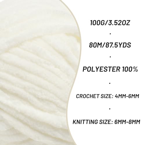 Image of 3 Pack Fluffy Chenille Yarn for Crocheting, Chunky Velvet Yarns for Crochet Amigurumi, Baby Yarn for Crocheting Soft Blanket, 262.4yds /10.5 oz Bulky Yarns for Crafts /Hats /Shoes /Socks (3 White)