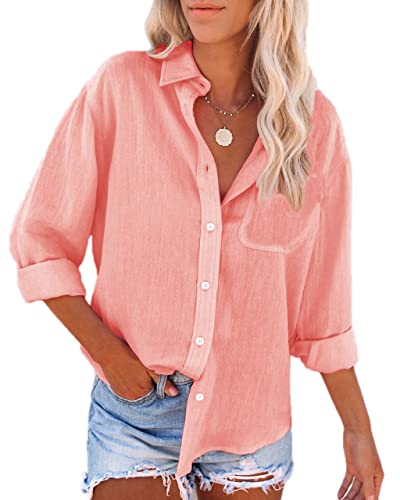 Mutitop Womens Button Down Shirts Cotton Dress Shirt Long Sleeve V Neck Solid Blouse Tops Casual Tunics with Pockets - Peach L
