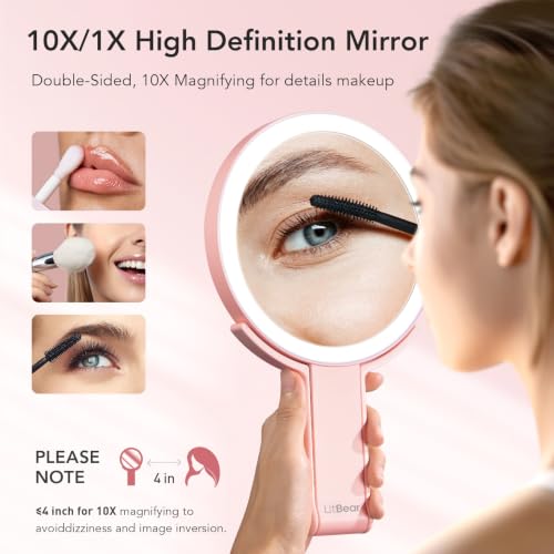 Image of LitBear Travel Makeup Mirror with Lights, Rechargeable Double-Sided 10X /1X Magnifying Mirror, Portable Lighted Beauty Mirror, 3 Color Lighting, Dimmable Touch Screen, Tabletop Handhold Hanging (Pink)