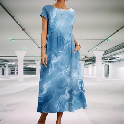 Cotton T Shirt Dresses for Women Cap Sleeve Crewneck Empire Waist Flowy Swing Summer Casual Long Maxi Smocked Dress - Image 2