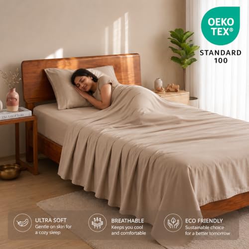 Image of LANE LINEN 100% Organic Cotton Bedsheet for Single Bed - Taupe | GOTS Certified, Percale Weave, 60x90 inches, Soft & Breathable, Machine Washable, Includes 1 Pillow Cover