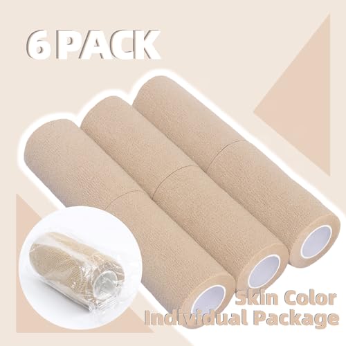 6-Pack Self Adhesive Bandage Wrap 4 Inch x 5 Yards, Elastic Athletic Tape, Tattoo Grip Tape, Non Woven Medical Tape for First Aid, Sports, Wrist, Ankle, Vet Wrap for Pets (Skin-Color)