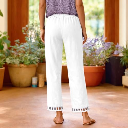 Image of Linen Pants Women Petite Straight Leg Pants Summer Beach High Waisted Pant Vacation Wide Leg Trousers with Pockets