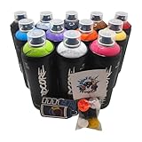 MTN Hardcore Sprühfarbe, 12 verschiedene Farben, 400 ml, für Graffiti und urbane Kunst, mit 6 Ersatzdüsen + 1 MTN Aufkleber