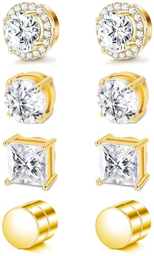SIISPRI Magnetic Stud Earrings for Women Men, Non-piercing CZ Halo Studs, Hypoallergenic 18K Gold Plated Surgical Steel Clip on Stud Earrings Set for Sensitive Ears