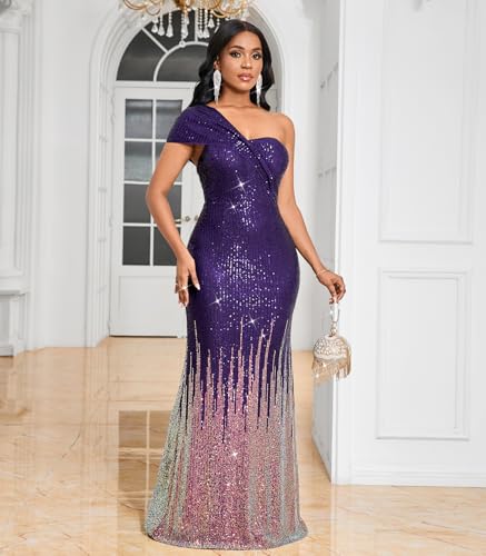 Image of Cololura Women Sexy Sequin One Shoulder Mermaid Formal Party Cocktail Gowns Bodycon Evening Maxi Dress