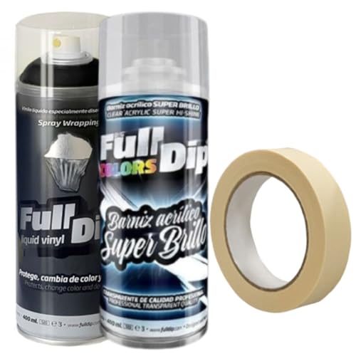 AutoFullCar - Full Dip Vinilo Líquido - 1 Spray Full Dip Negro Mate 400 ml + 1 Spray Barníz Acrílico Brillo + 1 Cinta Carrocero 24 mm - Ideal Para Pintar Logos, Insignias, Retrovisores (Negro Brillo)