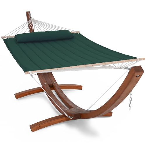 Image of SUNCREAT 2 Person Hammocks for Outside with Stand, Extra Large Double Hammock with Wooden Stand, Dark Green