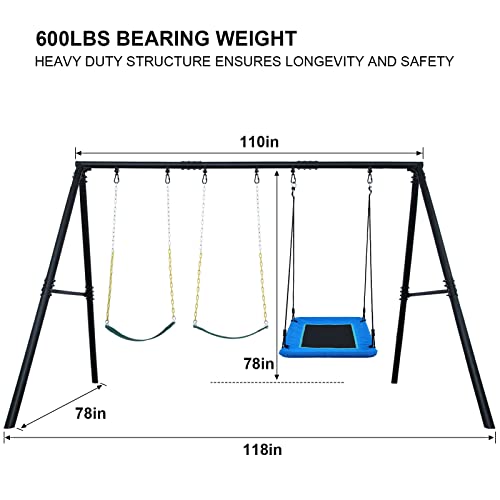 Hapfan 600lbs Heavy Duty Swing Set with 1 Platform Swing, 2 Belt Swings,A Frame Metal Swing Set for Outdoor Backyard (Patented)