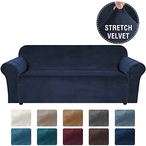 H.VERSAILTEX Stretch Velvet Sofa Covers for 3 Cushion Couch Covers Sofa Slipcovers with Non Slip Straps Underneath The Furniture, Crafted from Thick Comfy Rich Velour (Sofa 72