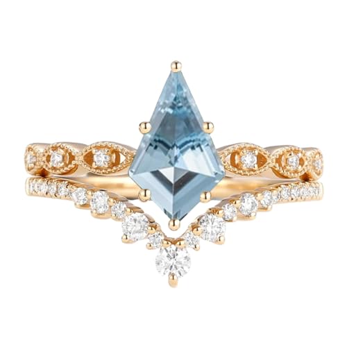 Solid Gold Kite Cut Gemstone and Diamond Wedding Ring Sets for Women, 10K 14K 18K Vintage 2pcs Bridal Rings Set Art Deco Engagement Promise Rings Anniversary Christmas Gifts for Mother Grandma