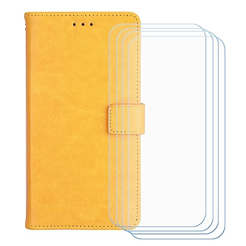 GYDQQKJ Hülle für Oukitel C2 (4.50 Zoll), Schutzhülle PU Leder + [4 Tabletten Displayschutz Schutzfolie] - Flip mit Brieftasche Card Slot Kreditkarten Geldfächern Case Gelb