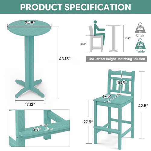 Image of Outdoor Bar Stools Set of 2, HDPE Tall Adirondack Bar Chairs 27.5 Inch Seat Height w /Backrest, All Weather Patio Bar Height Chairs for Bistro Balcony Deck Poolside (Aruba Blue)