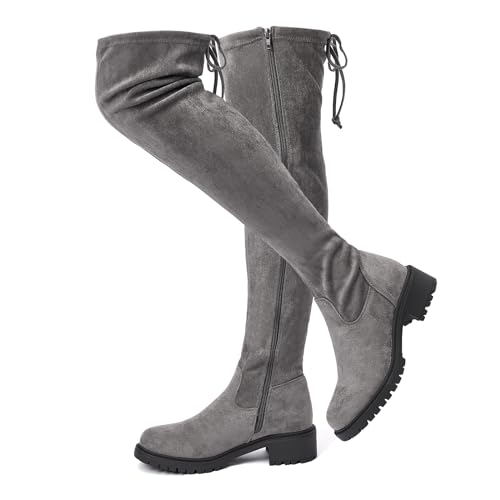 Grey Over The Knee Boots for Women,Juniors Street Style Fashion Fall Boots Sudue Thigh High Boots Go Go Boots Mid Calf Boots with Heel Chelsea Pure Business Casual Solid Knee High Booties Grey,11