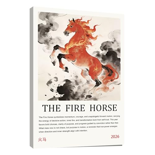 Year of the Fire Horse 2026 Wall Art Chinese Zodiac Horse Painting Poster Asian Lunar New Year Fire Horses Picture for Wall Decor Living Room Bedroom Home Decoration 12*16 in (Stretched Canvas on A Wooden Frame)