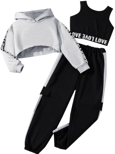 Image of Hilinker Girls 3 Piece Outfits Workout Crop Hoodie Tank Sweatpants