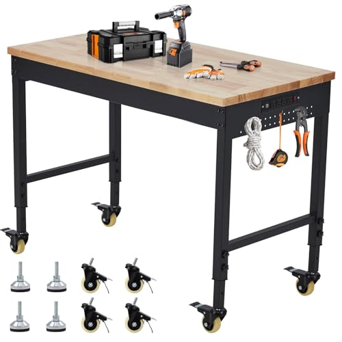 Work Bench 72" Adjustable Height, Heavy-Duty Portable Workbench with Power Outlets for Garage & Workshop, 2000 LBS Load Capacity, Work Table for Office, Home, Easy Assembly