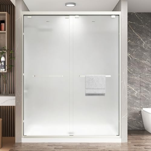 Image of KPUY Double Sliding Frosted Shower Door 55-60 inch W x 76 inch H, Brushed Nickel