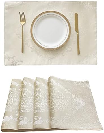 HIRUN ARTWORK Placemats Set of 4, Jacquard Fabric Place Mats Washable Fabric Tablemats for Dining Table Wedding Birthday Party (13'' x 19'', Beige)