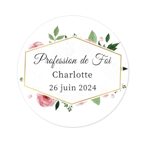 eKunSTreet 50 Profession de Foi Autocollants personnalisés votre texte Etiquettes adhésives Stickers pour communion cadeaux invités - Rd 610 (01 Fleurs A)