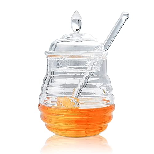 245ml Honey Jars with Dipper, Crystal Plastic Beehive Honey Pot Syrup Dispenser for Home Kitchen