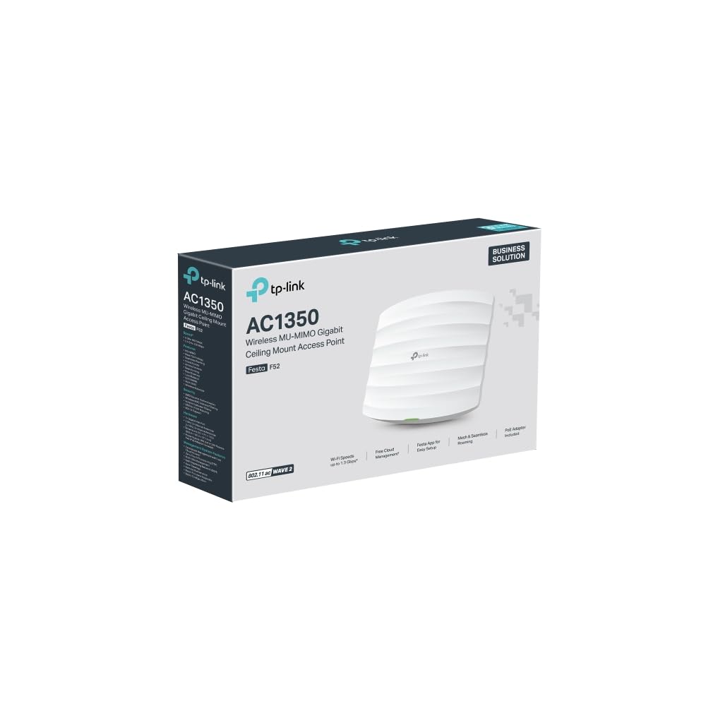 TP-Link Festa F52 | Punto de Acceso WiFi 5 Dual-Banda AC1350, Montaje en Techo, 1× Puerto PoE Gigabit, Gestión centralizada en la Nube Gratuita, Configuración y Uso fáciles, sin Necesidad de IT.