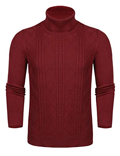 Aibrou Men's Turtleneck Pullover Sweaters Casual Slim Fit Twisted Knitted Basic Solid Sweaters for Winter Wine Red