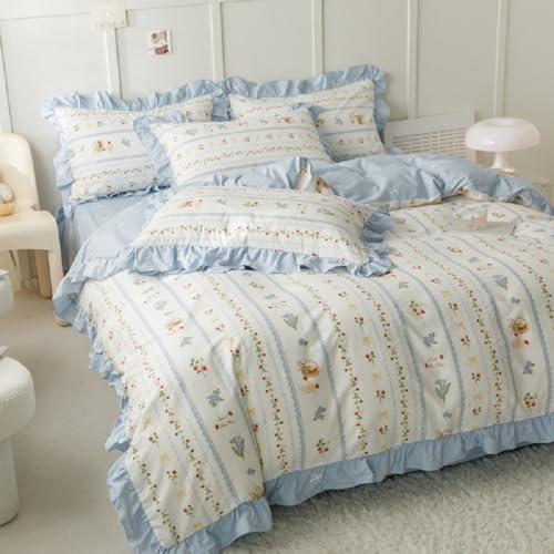 Sedefen Bettwäsche 135x200 cm mit Rüschen Blau Weiß Blumen...