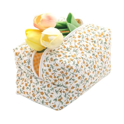 Quilted cosmetic bag with floral pattern and large capacity made of soft cotton material for makeup brushes and beauty utensils (orange)