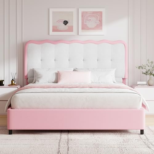 BarnFurin Full Size Cloud Bed Frame with Headboard Soft Boucle Upholstered Platform Bed Anti-Collision Soft Rounded Corners Low Profile Stable Design No Box Spring Needed Pink