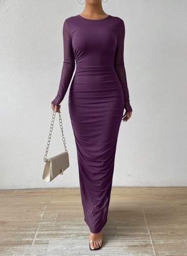 Image of LIGHT DOT Women's Printed Bodycon Maxi Dress Long Sleeve Tie Dye Mesh Ruched Cocktail Dress