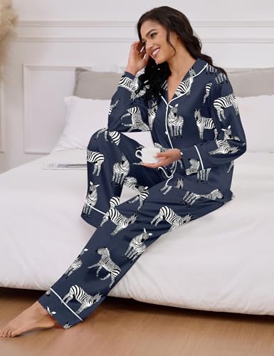 Image of SHESHOW Satin Pajamas Set for Women Set Long Sleeve Button Down Pjs Sets 2 Piece Loungewear Animal Sleepwear XS-XXL