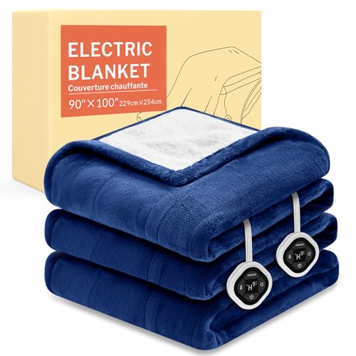 Image of HOMLYNS LuxeHeat Heated Blanket Electric Blanket King Size, Soft Flannel Sherpa Heating Blanket with 10 Heat Settings, 1-10 hrs Timer Auto Shut Off (90x100 inches, Navy), Only for 120V Voltage Use