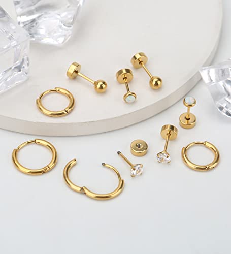 Mjust Titanium Earrings For Sensitive Ears 20G Titanium Stud Earrings And Hoop Earrings Ball Opal Cubic Zirconia G23 Pure Titanium Cartilage Earrings Hypoallergenic Flat Back Earrings(Gold) #TOP5