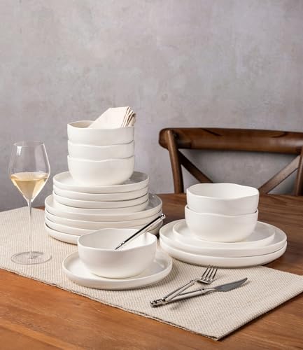 Image of TheTerra Ceramic Dinnerware Sets, Handmade Reactive Glaze Plates and Bowls Set, Scratch Resistant Dish Set, Oven & Microwave & Dishwasher Safe, Bright White